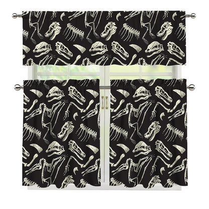 Monochrome Dinosaur Fossil Pattern Print 3 Piece Kitchen Curtains