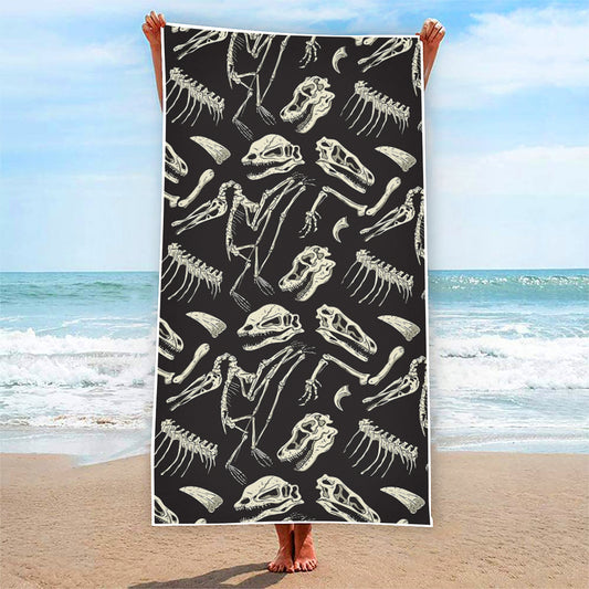 Monochrome Dinosaur Fossil Pattern Print Beach Towel