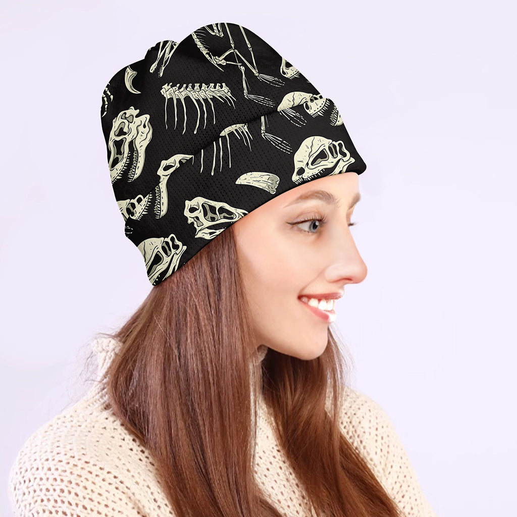 Monochrome Dinosaur Fossil Pattern Print Beanie