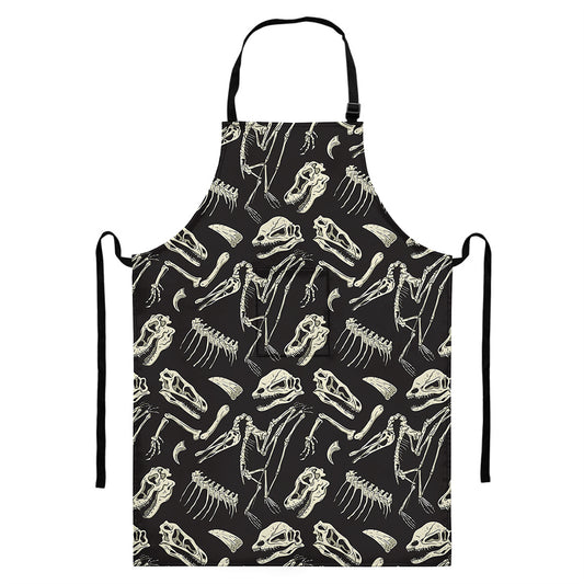 Monochrome Dinosaur Fossil Pattern Print Bib Apron With Pocket