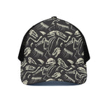 Monochrome Dinosaur Fossil Pattern Print Black Mesh Trucker Cap