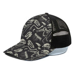 Monochrome Dinosaur Fossil Pattern Print Black Mesh Trucker Cap