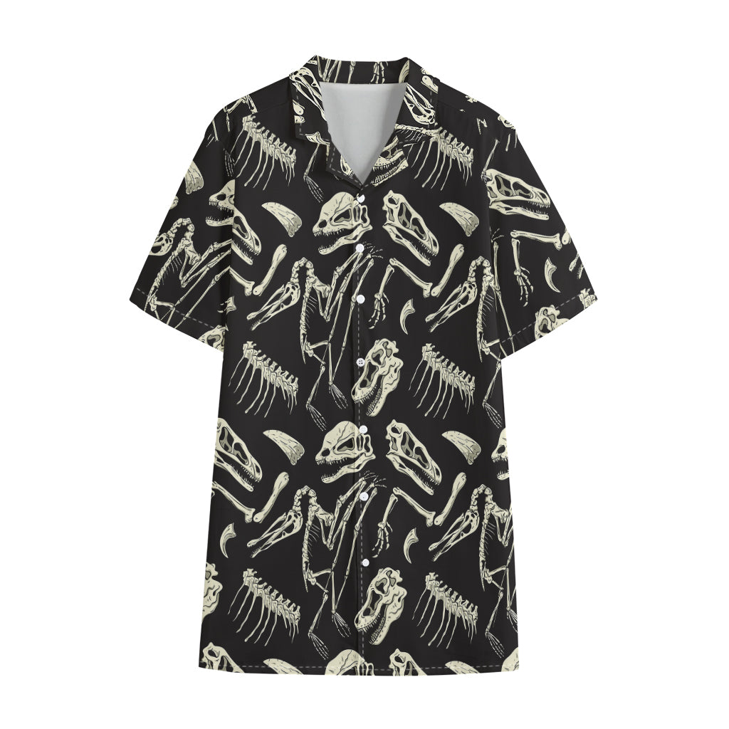 Monochrome Dinosaur Fossil Pattern Print Cotton Hawaiian Shirt