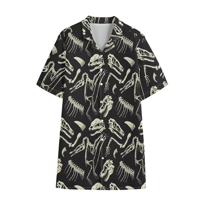 Monochrome Dinosaur Fossil Pattern Print Cotton Hawaiian Shirt