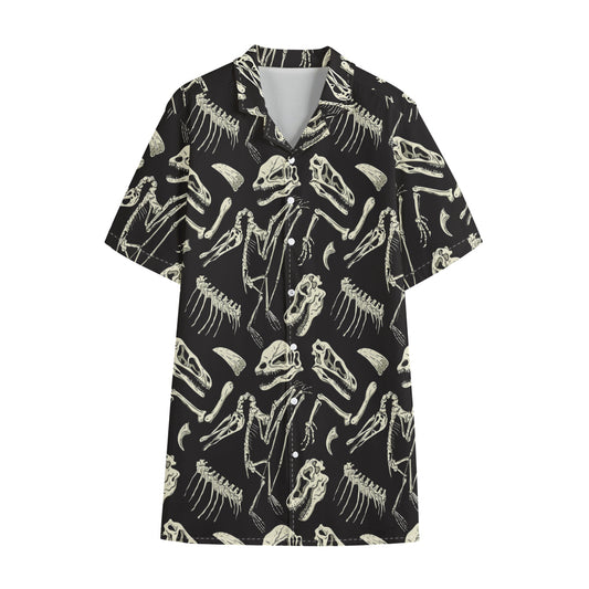 Monochrome Dinosaur Fossil Pattern Print Cotton Hawaiian Shirt