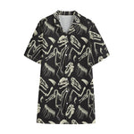 Monochrome Dinosaur Fossil Pattern Print Cotton Hawaiian Shirt