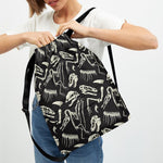 Monochrome Dinosaur Fossil Pattern Print Drawstring Backpack