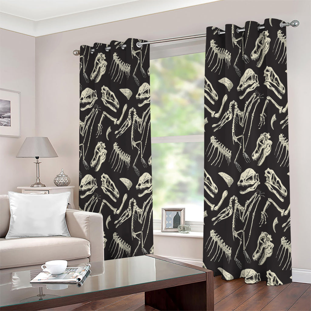 Monochrome Dinosaur Fossil Pattern Print Extra Wide Grommet Curtains