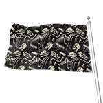Monochrome Dinosaur Fossil Pattern Print Flag