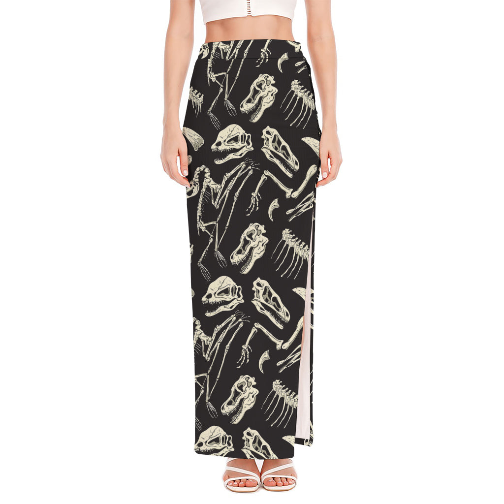 Monochrome Dinosaur Fossil Pattern Print High Slit Maxi Skirt