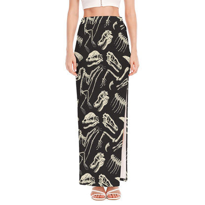 Monochrome Dinosaur Fossil Pattern Print High Slit Maxi Skirt