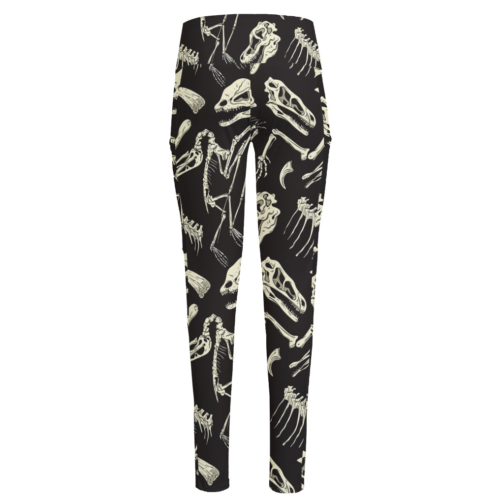 Monochrome Dinosaur Fossil Pattern Print High-Waisted Pocket Leggings