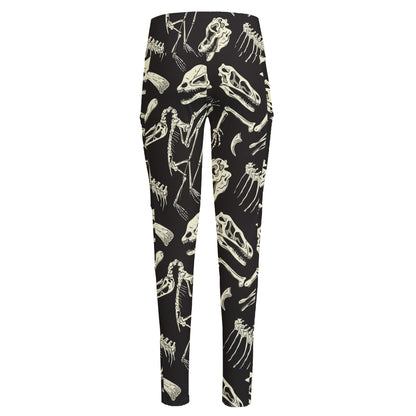 Monochrome Dinosaur Fossil Pattern Print High-Waisted Pocket Leggings