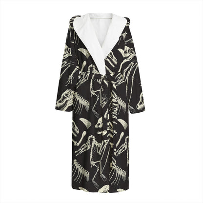 Monochrome Dinosaur Fossil Pattern Print Hooded Bathrobe