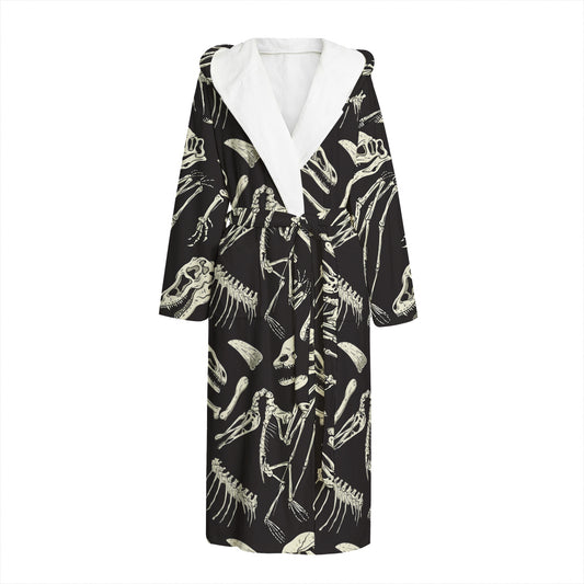 Monochrome Dinosaur Fossil Pattern Print Hooded Bathrobe