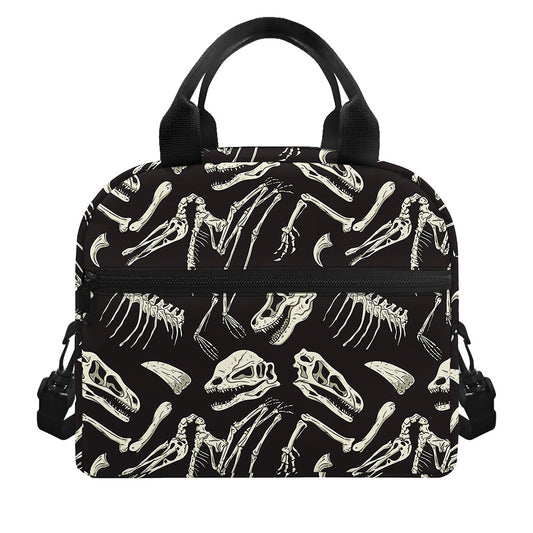 Monochrome Dinosaur Fossil Pattern Print Insulated Lunch Bag