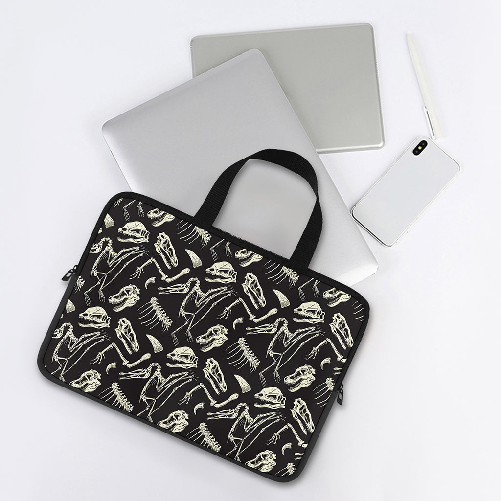 Monochrome Dinosaur Fossil Pattern Print Laptop Sleeve With Handle