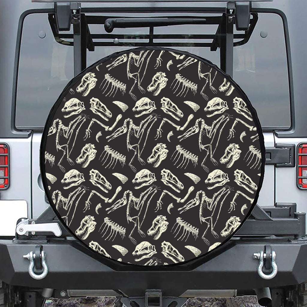 Monochrome Dinosaur Fossil Pattern Print Leather Spare Tire Cover