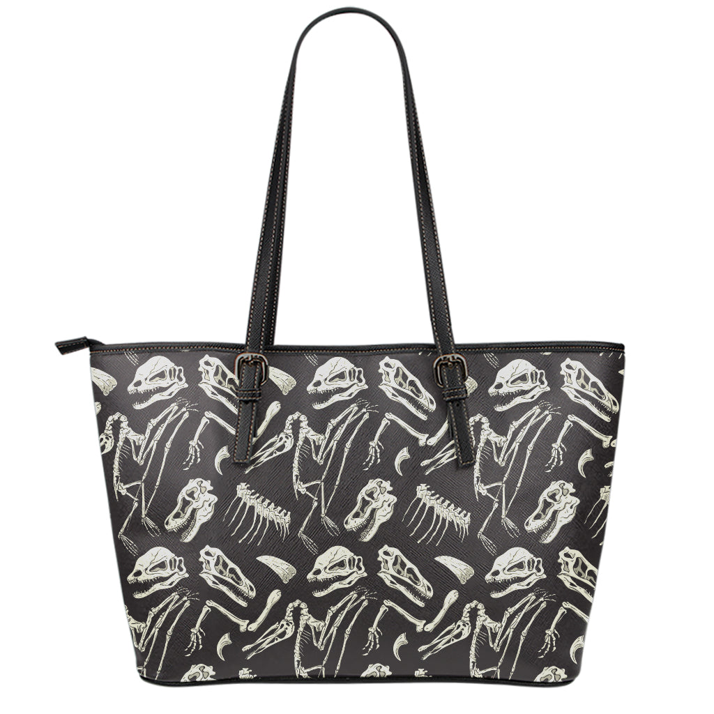 Monochrome Dinosaur Fossil Pattern Print Leather Tote Bag