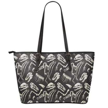 Monochrome Dinosaur Fossil Pattern Print Leather Tote Bag