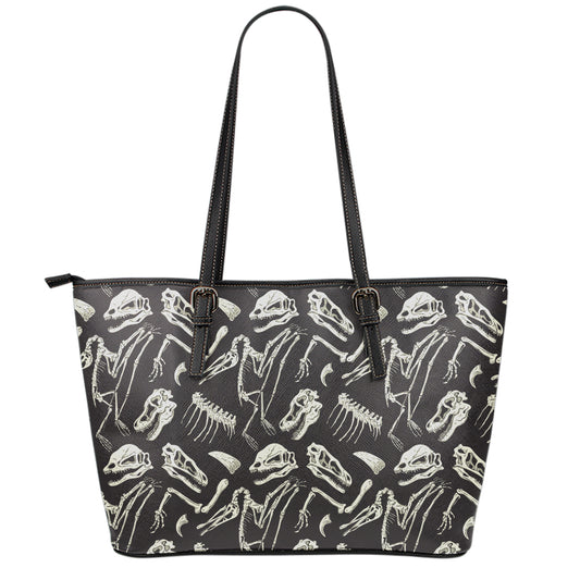 Monochrome Dinosaur Fossil Pattern Print Leather Tote Bag
