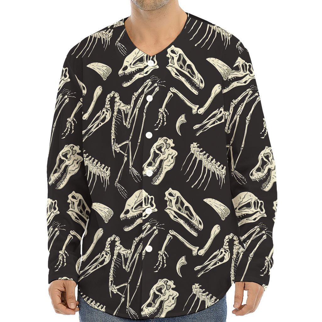 Monochrome Dinosaur Fossil Pattern Print Long Sleeve Baseball Jersey