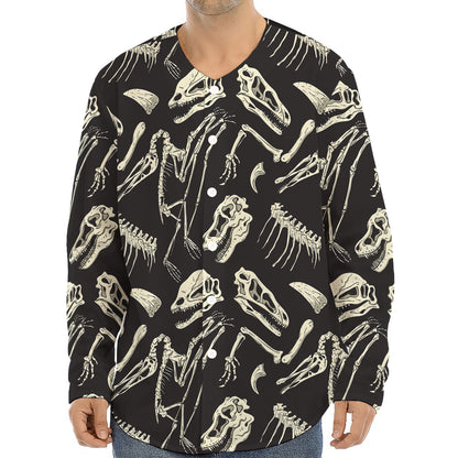 Monochrome Dinosaur Fossil Pattern Print Long Sleeve Baseball Jersey