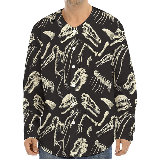 Monochrome Dinosaur Fossil Pattern Print Long Sleeve Baseball Jersey