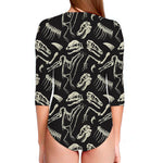 Monochrome Dinosaur Fossil Pattern Print Long Sleeve Swimsuit