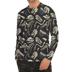 Monochrome Dinosaur Fossil Pattern Print Men's Long Sleeve Rash Guard