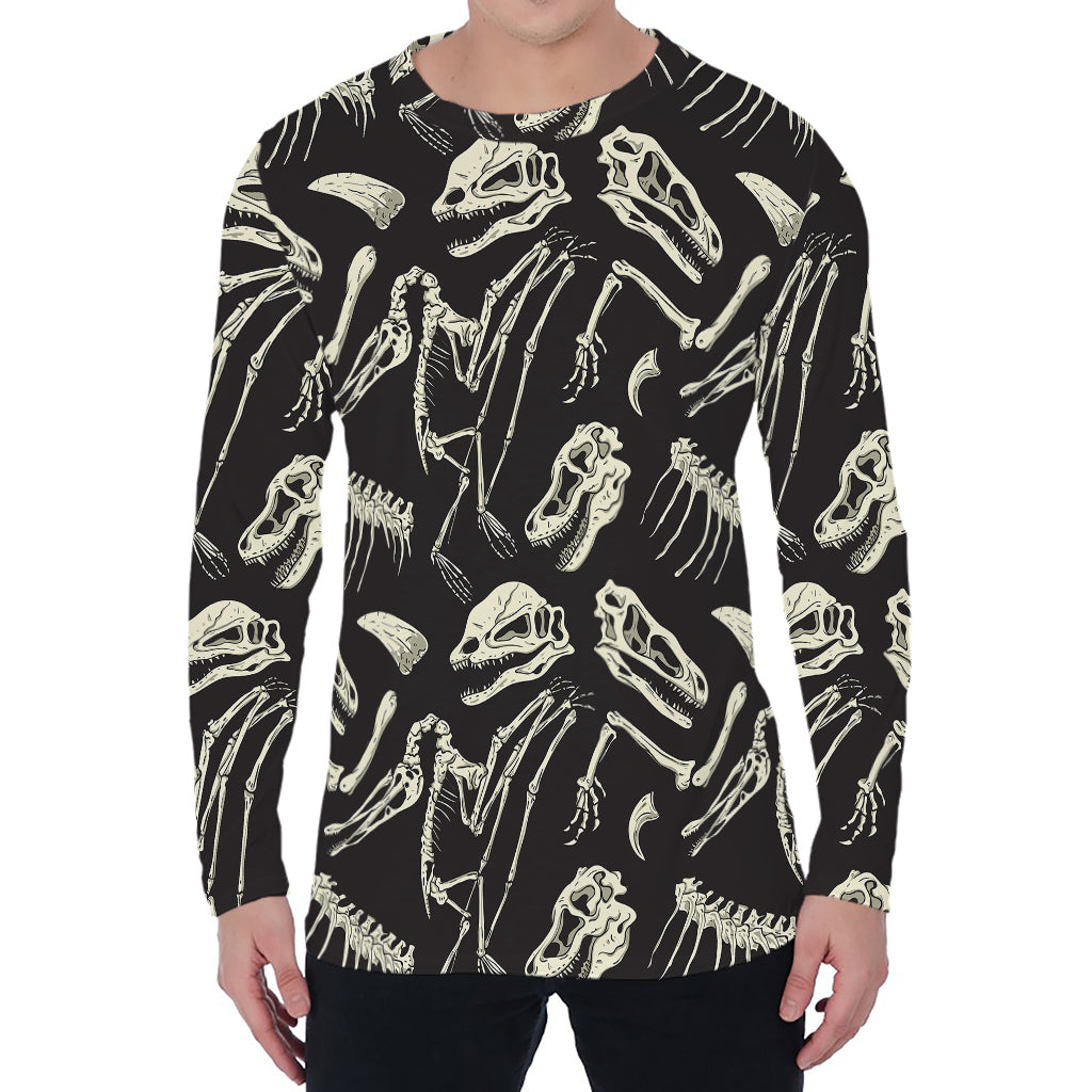 Monochrome Dinosaur Fossil Pattern Print Men's Long Sleeve T-Shirt