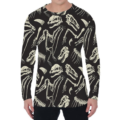 Monochrome Dinosaur Fossil Pattern Print Men's Long Sleeve T-Shirt