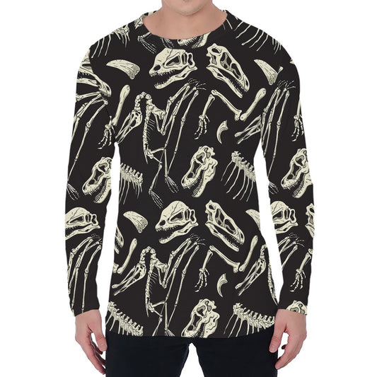 Monochrome Dinosaur Fossil Pattern Print Men's Long Sleeve T-Shirt