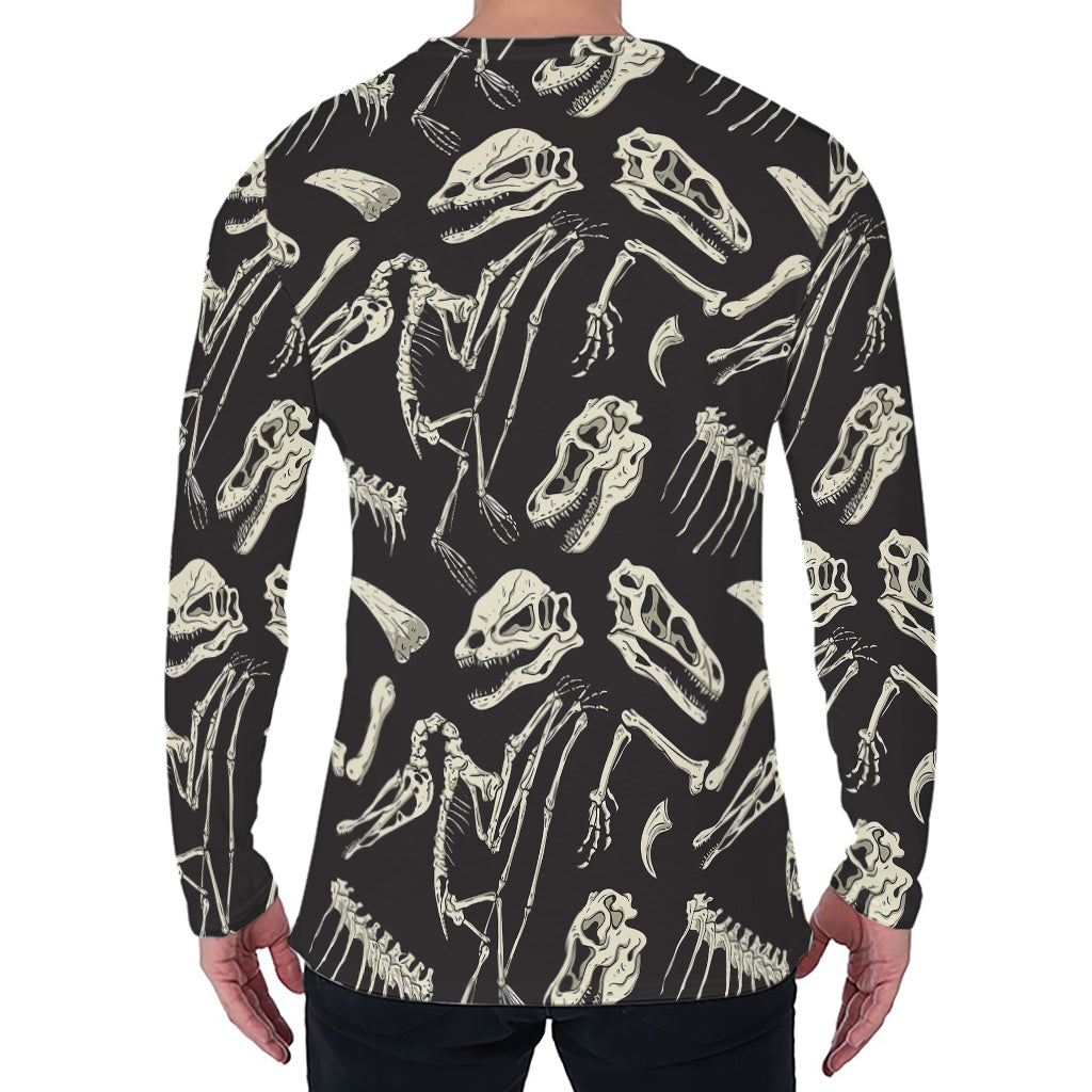 Monochrome Dinosaur Fossil Pattern Print Men's Long Sleeve T-Shirt
