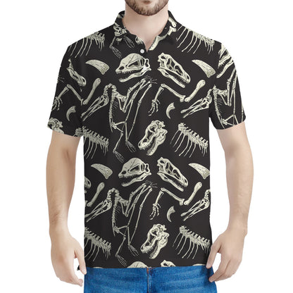 Monochrome Dinosaur Fossil Pattern Print Men's Polo Shirt