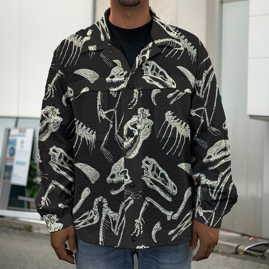 Monochrome Dinosaur Fossil Pattern Print Men's Shirt Jacket