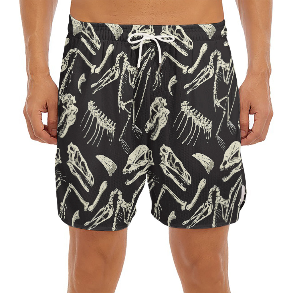 Monochrome Dinosaur Fossil Pattern Print Men's Split Running Shorts