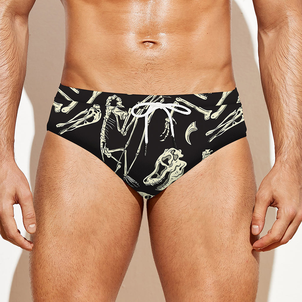 Monochrome Dinosaur Fossil Pattern Print Men's Swim Briefs