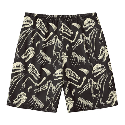 Monochrome Dinosaur Fossil Pattern Print Men's Swim Trunks