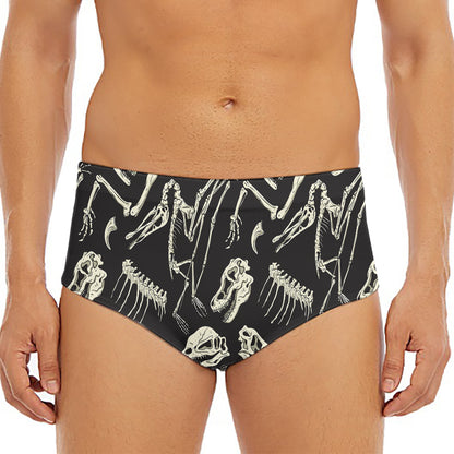 Monochrome Dinosaur Fossil Pattern Print Men's Triangle Swim Briefs