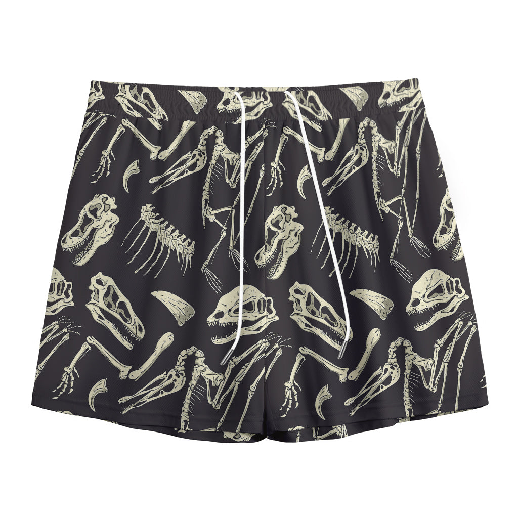 Monochrome Dinosaur Fossil Pattern Print Mesh Shorts