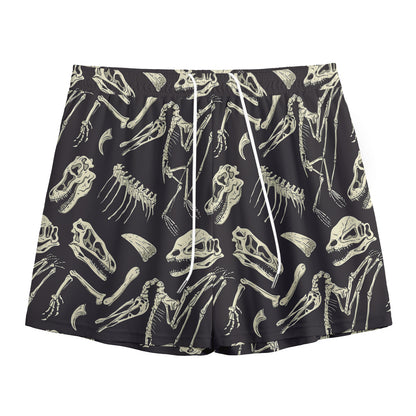 Monochrome Dinosaur Fossil Pattern Print Mesh Shorts