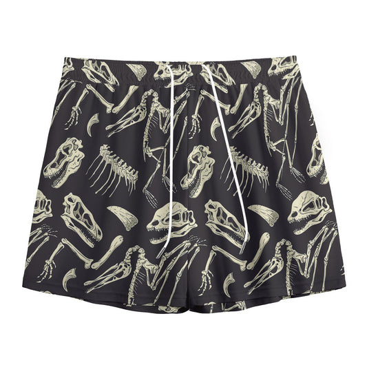 Monochrome Dinosaur Fossil Pattern Print Mesh Shorts