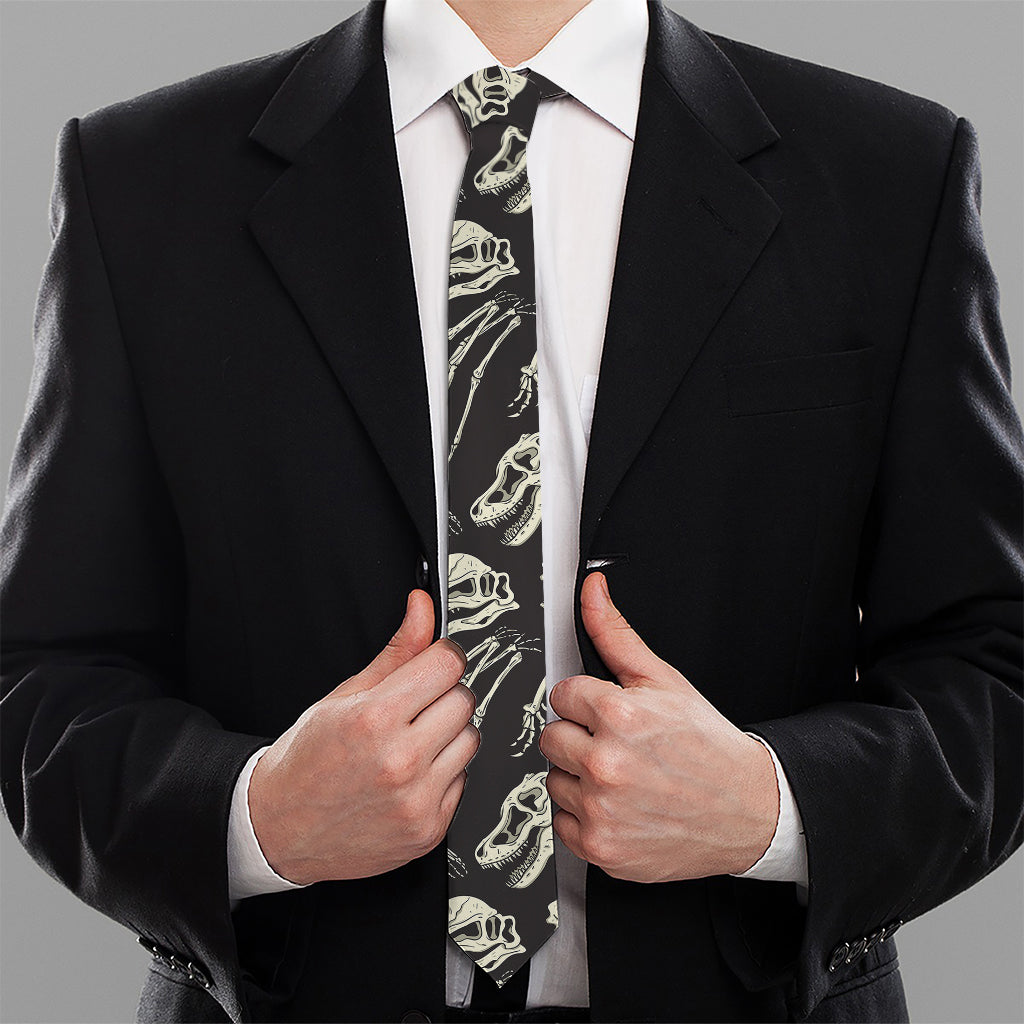 Monochrome Dinosaur Fossil Pattern Print Necktie