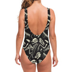 Monochrome Dinosaur Fossil Pattern Print One Piece Swimsuit