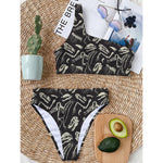 Monochrome Dinosaur Fossil Pattern Print One Shoulder Bikini Top