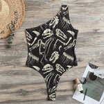 Monochrome Dinosaur Fossil Pattern Print One Shoulder Bodysuit
