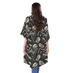 Monochrome Dinosaur Fossil Pattern Print Open Front Beach Cover Up