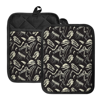 Monochrome Dinosaur Fossil Pattern Print Pot Holders With Pocket