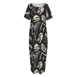 Monochrome Dinosaur Fossil Pattern Print Short Sleeve Long Nightdress